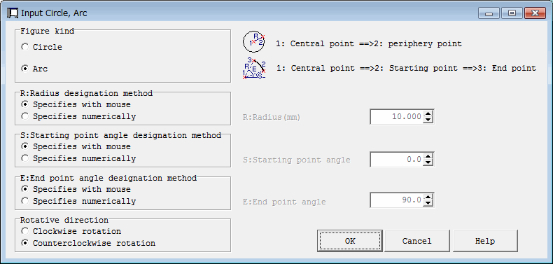 Input Circle, Arc dialog