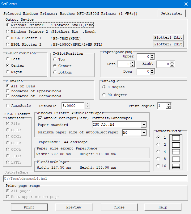 Printer, Plotter Output condition setting Dialog